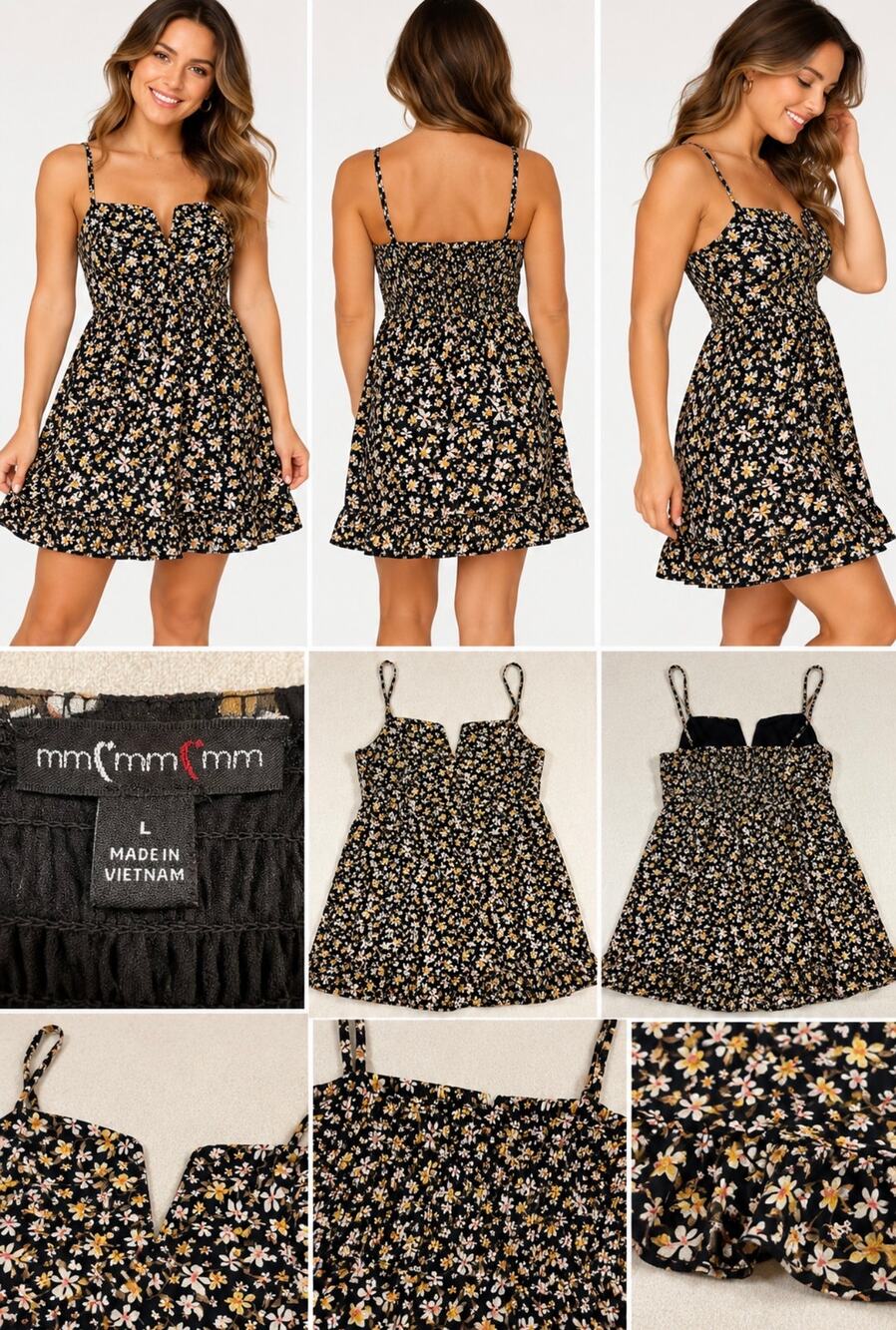 MMCMMCMM Women’s Large Black Floral Smocked Mini Dress Cottagecore Sundress